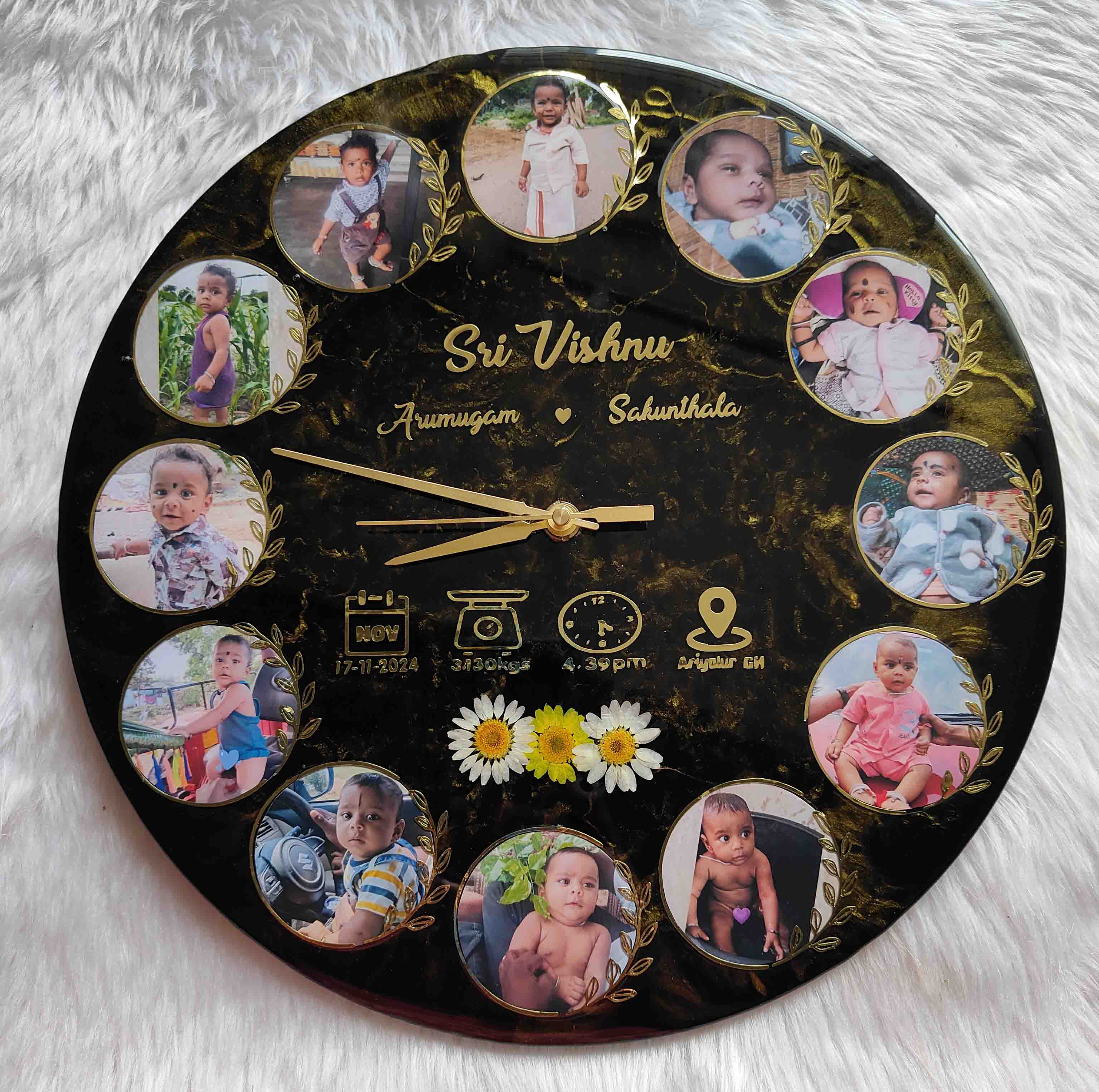 Handmade Resin Clock with  Gold Accents
